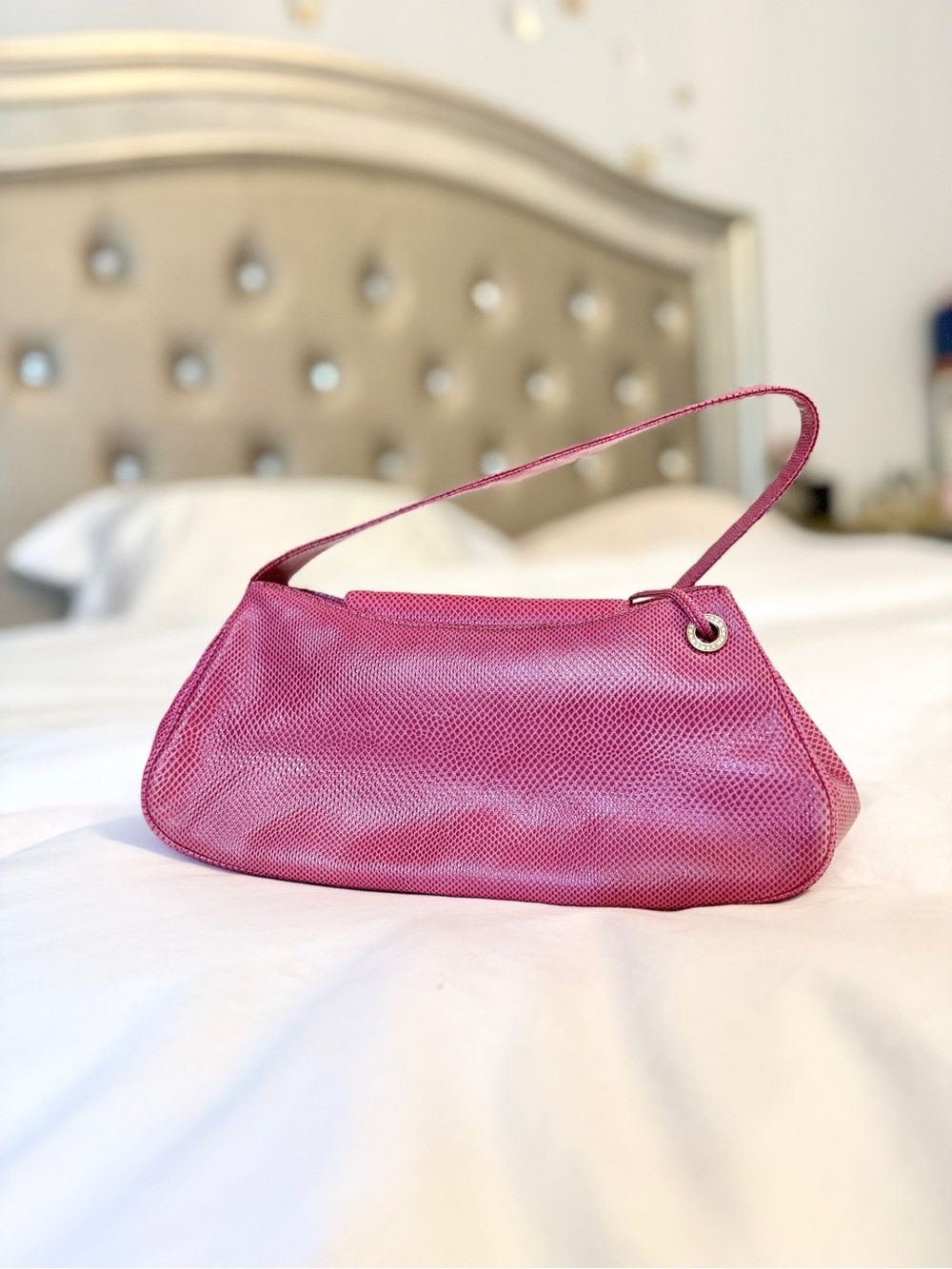 Rare Vintage Judith Leiber Pink Lizard Baguette Should Bag with Crystal Hardware